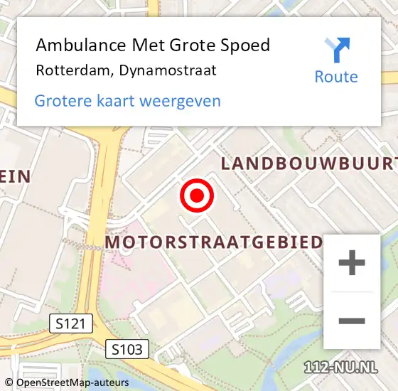 Locatie op kaart van de 112 melding: Ambulance Met Grote Spoed Naar Rotterdam, Dynamostraat op 8 november 2023 22:19