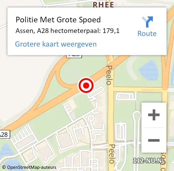 Locatie op kaart van de 112 melding: Politie Met Grote Spoed Naar Assen, A28 hectometerpaal: 179,1 op 9 november 2023 06:27