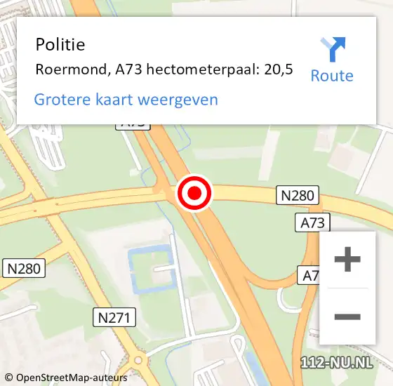 Locatie op kaart van de 112 melding: Politie Roermond, A73 hectometerpaal: 20,5 op 9 november 2023 12:33
