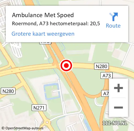 Locatie op kaart van de 112 melding: Ambulance Met Spoed Naar Roermond, A73 hectometerpaal: 20,5 op 9 november 2023 12:37