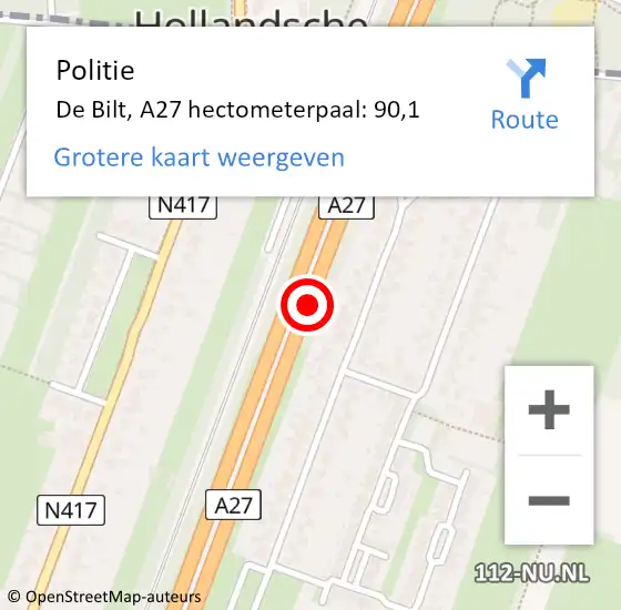 Locatie op kaart van de 112 melding: Politie De Bilt, A27 hectometerpaal: 90,1 op 9 november 2023 17:31