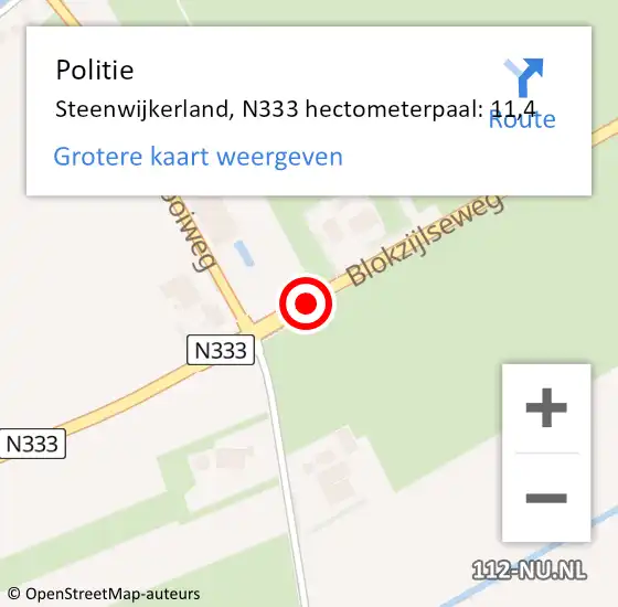 Locatie op kaart van de 112 melding: Politie Steenwijkerland, N333 hectometerpaal: 11,4 op 9 november 2023 17:47