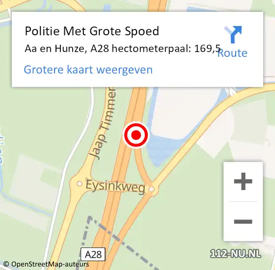 Locatie op kaart van de 112 melding: Politie Met Grote Spoed Naar Aa en Hunze, A28 hectometerpaal: 169,5 op 10 november 2023 15:17