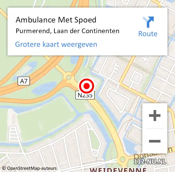 Locatie op kaart van de 112 melding: Ambulance Met Spoed Naar Purmerend, Laan der Continenten op 10 november 2023 16:00