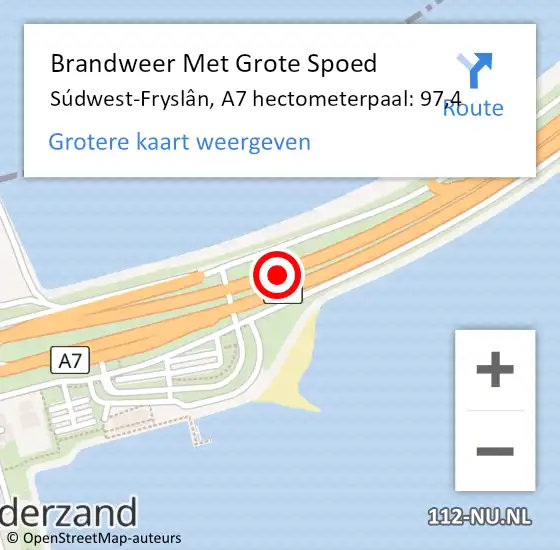 Locatie op kaart van de 112 melding: Brandweer Met Grote Spoed Naar Súdwest-Fryslân, A7 hectometerpaal: 97,4 op 10 november 2023 17:52