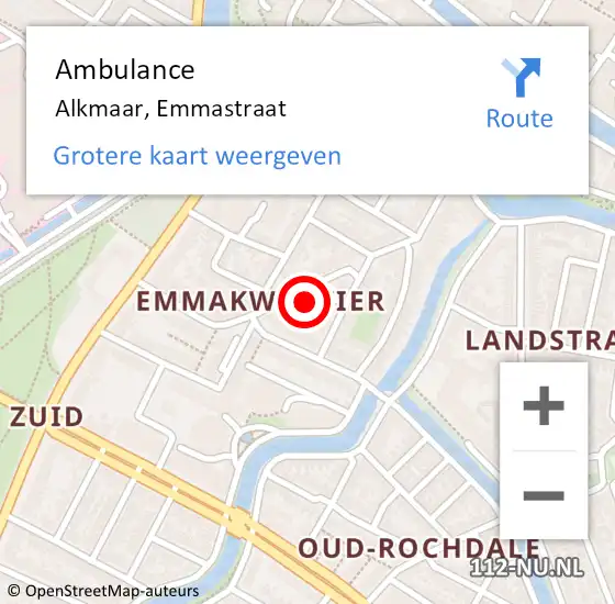 Locatie op kaart van de 112 melding: Ambulance Alkmaar, Emmastraat op 10 november 2023 19:03