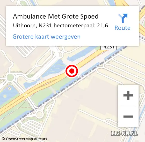 Locatie op kaart van de 112 melding: Ambulance Met Grote Spoed Naar Uithoorn, N231 hectometerpaal: 21,6 op 10 november 2023 19:17