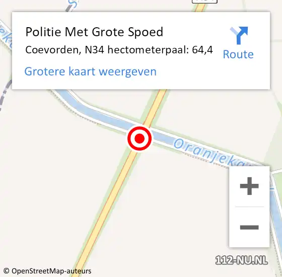 Locatie op kaart van de 112 melding: Politie Met Grote Spoed Naar Coevorden, N34 hectometerpaal: 64,4 op 10 november 2023 20:30