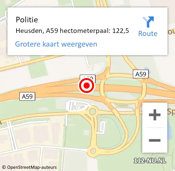 Locatie op kaart van de 112 melding: Politie Heusden, A59 hectometerpaal: 122,5 op 11 november 2023 01:24