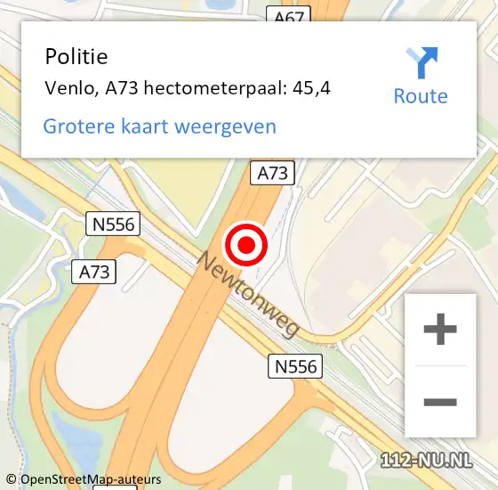 Locatie op kaart van de 112 melding: Politie Venlo, A73 hectometerpaal: 45,4 op 11 november 2023 16:57