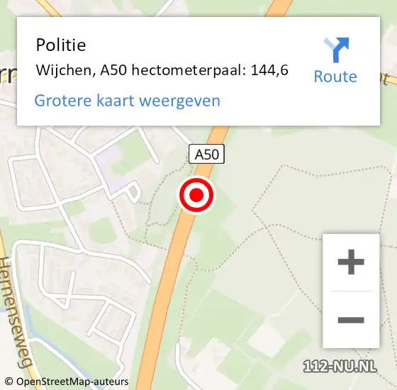 Locatie op kaart van de 112 melding: Politie Wijchen, A50 hectometerpaal: 144,6 op 12 november 2023 12:21