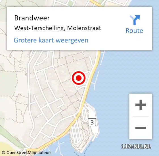 Locatie op kaart van de 112 melding: Brandweer West-Terschelling, Molenstraat op 12 november 2023 13:00
