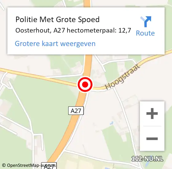 Locatie op kaart van de 112 melding: Politie Met Grote Spoed Naar Oosterhout, A27 hectometerpaal: 12,7 op 13 november 2023 07:13