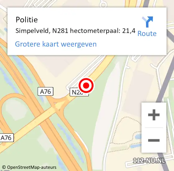 Locatie op kaart van de 112 melding: Politie Simpelveld, N281 hectometerpaal: 21,4 op 13 november 2023 08:03
