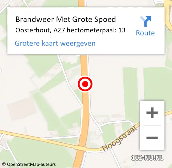 Locatie op kaart van de 112 melding: Brandweer Met Grote Spoed Naar Oosterhout, A27 hectometerpaal: 13 op 13 november 2023 11:11
