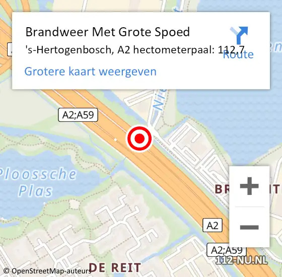 Locatie op kaart van de 112 melding: Brandweer Met Grote Spoed Naar 's-Hertogenbosch, A2 hectometerpaal: 112,7 op 14 november 2023 08:13