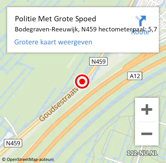 Locatie op kaart van de 112 melding: Politie Met Grote Spoed Naar Bodegraven-Reeuwijk, N459 hectometerpaal: 5,7 op 14 november 2023 16:27