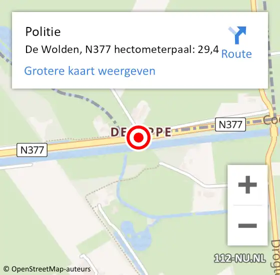 Locatie op kaart van de 112 melding: Politie De Wolden, N377 hectometerpaal: 29,4 op 14 november 2023 17:34