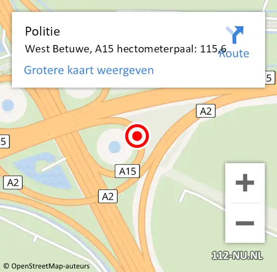 Locatie op kaart van de 112 melding: Politie West Betuwe, A15 hectometerpaal: 115,6 op 14 november 2023 18:41