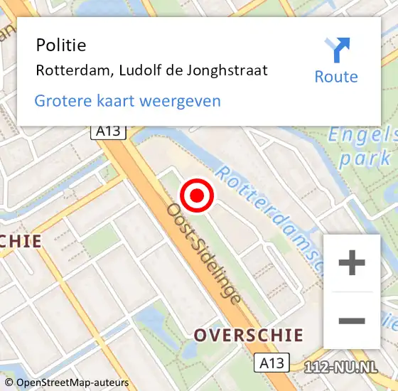 Locatie op kaart van de 112 melding: Politie Rotterdam, Ludolf de Jonghstraat op 14 november 2023 21:08