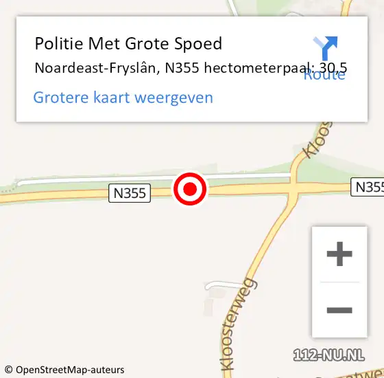 Locatie op kaart van de 112 melding: Politie Met Grote Spoed Naar Noardeast-Fryslân, N355 hectometerpaal: 30,5 op 14 november 2023 21:43