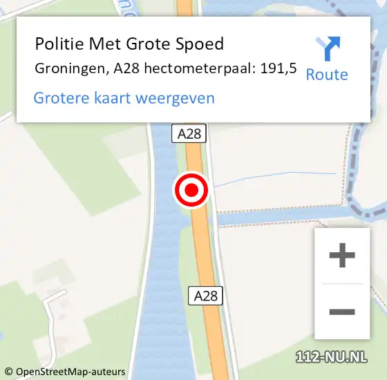 Locatie op kaart van de 112 melding: Politie Met Grote Spoed Naar Groningen, A28 hectometerpaal: 191,5 op 15 november 2023 04:53