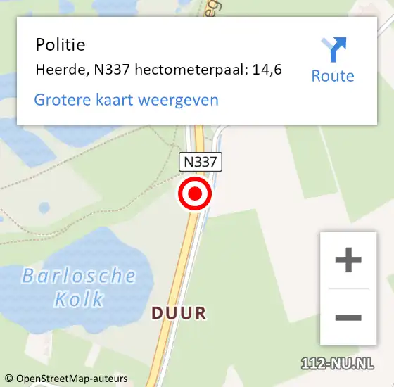 Locatie op kaart van de 112 melding: Politie Heerde, N337 hectometerpaal: 14,6 op 15 november 2023 05:03