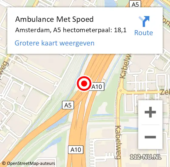 Locatie op kaart van de 112 melding: Ambulance Met Spoed Naar Amsterdam, A5 hectometerpaal: 18,1 op 15 november 2023 10:01