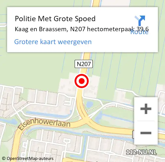 Locatie op kaart van de 112 melding: Politie Met Grote Spoed Naar Kaag en Braassem, N207 hectometerpaal: 39,6 op 15 november 2023 12:29