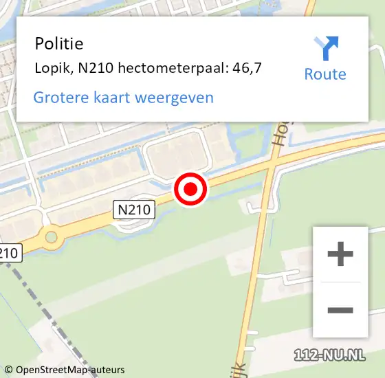 Locatie op kaart van de 112 melding: Politie Lopik, N210 hectometerpaal: 46,7 op 15 november 2023 14:58