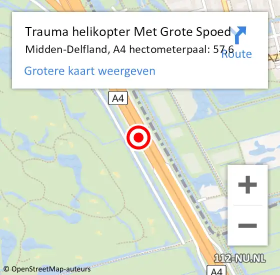 Locatie op kaart van de 112 melding: Trauma helikopter Met Grote Spoed Naar Midden-Delfland, A4 hectometerpaal: 57,6 op 15 november 2023 18:36