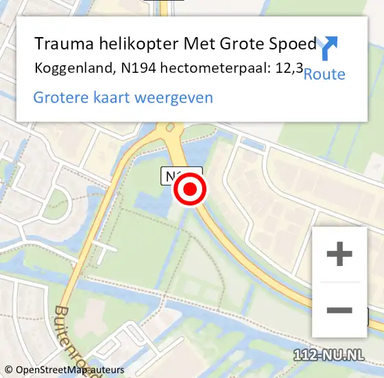 Locatie op kaart van de 112 melding: Trauma helikopter Met Grote Spoed Naar Koggenland, N194 hectometerpaal: 12,3 op 15 november 2023 19:11