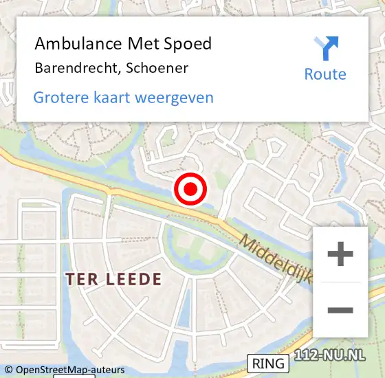 Locatie op kaart van de 112 melding: Ambulance Met Spoed Naar Barendrecht, Schoener op 15 november 2023 19:13