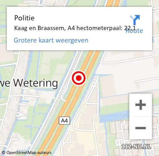Locatie op kaart van de 112 melding: Politie Kaag en Braassem, A4 hectometerpaal: 22,1 op 15 november 2023 22:22
