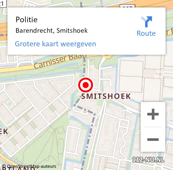 Locatie op kaart van de 112 melding: Politie Barendrecht, Smitshoek op 16 november 2023 10:45