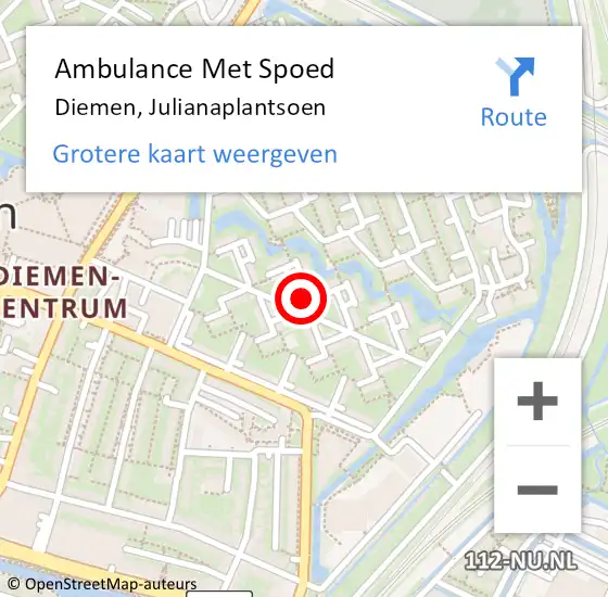 Locatie op kaart van de 112 melding: Ambulance Met Spoed Naar Diemen, Julianaplantsoen op 16 november 2023 15:04