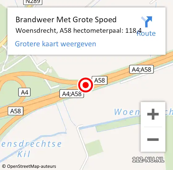 Locatie op kaart van de 112 melding: Brandweer Met Grote Spoed Naar Woensdrecht, A58 hectometerpaal: 118,4 op 16 november 2023 16:49