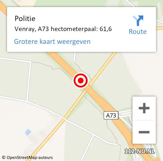 Locatie op kaart van de 112 melding: Politie Venray, A73 hectometerpaal: 61,6 op 16 november 2023 17:10