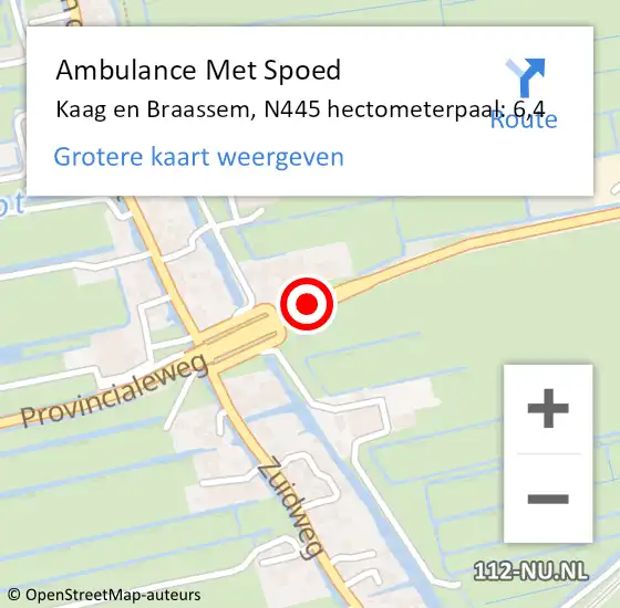Locatie op kaart van de 112 melding: Ambulance Met Spoed Naar Kaag en Braassem, N445 hectometerpaal: 6,4 op 16 november 2023 17:46