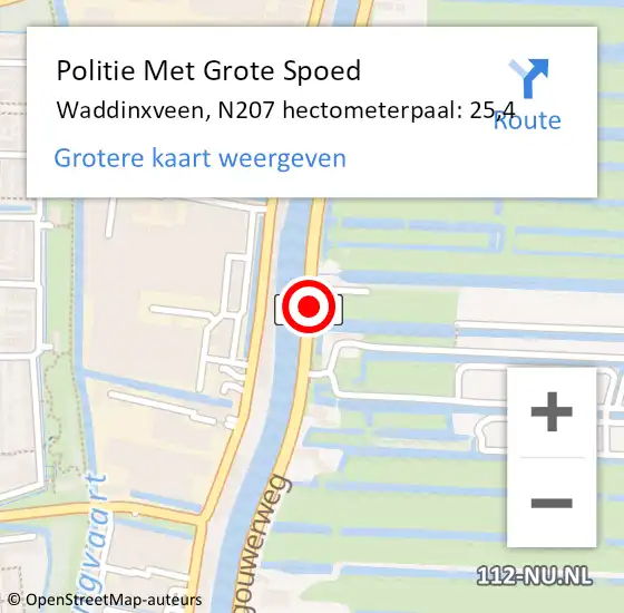 Locatie op kaart van de 112 melding: Politie Met Grote Spoed Naar Waddinxveen, N207 hectometerpaal: 25,4 op 16 november 2023 19:50