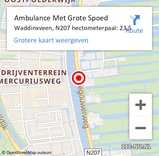 Locatie op kaart van de 112 melding: Ambulance Met Grote Spoed Naar Waddinxveen, N207 hectometerpaal: 23,5 op 16 november 2023 19:50