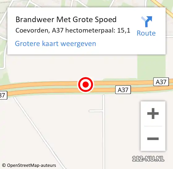 Locatie op kaart van de 112 melding: Brandweer Met Grote Spoed Naar Coevorden, A37 hectometerpaal: 15,1 op 17 november 2023 00:26