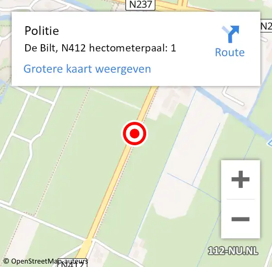 Locatie op kaart van de 112 melding: Politie De Bilt, N412 hectometerpaal: 1 op 17 november 2023 07:40