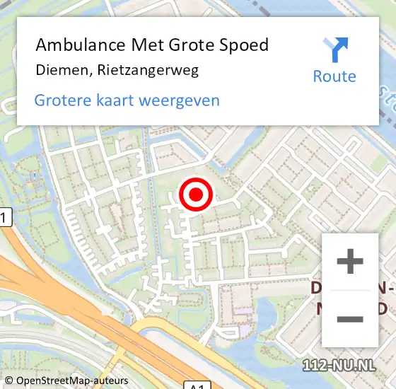 Locatie op kaart van de 112 melding: Ambulance Met Grote Spoed Naar Diemen, Rietzangerweg op 17 november 2023 18:41