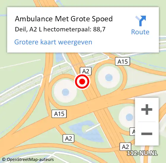 Locatie op kaart van de 112 melding: Ambulance Met Grote Spoed Naar Deil, A2 R hectometerpaal: 90,6 op 15 september 2014 18:05