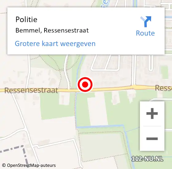Locatie op kaart van de 112 melding: Politie Bemmel, Ressensestraat op 18 november 2023 11:35