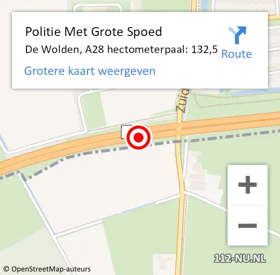 Locatie op kaart van de 112 melding: Politie Met Grote Spoed Naar De Wolden, A28 hectometerpaal: 132,5 op 19 november 2023 10:00