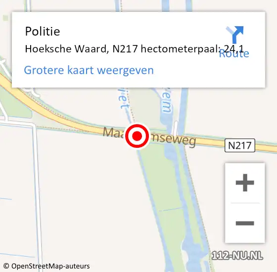 Locatie op kaart van de 112 melding: Politie Hoeksche Waard, N217 hectometerpaal: 24,1 op 19 november 2023 14:22
