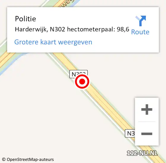 Locatie op kaart van de 112 melding: Politie Harderwijk, N302 hectometerpaal: 98,6 op 19 november 2023 18:38