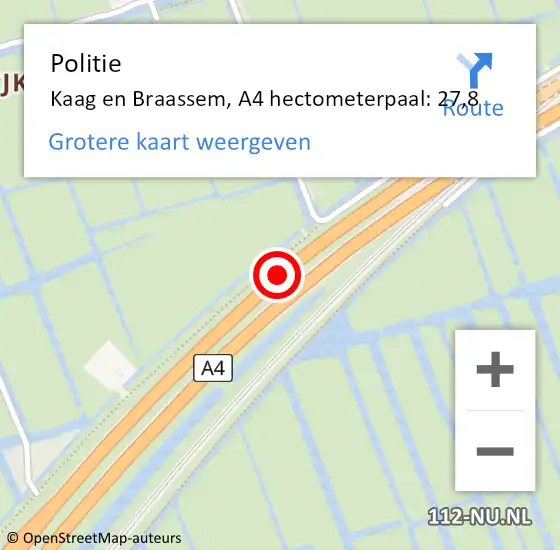 Locatie op kaart van de 112 melding: Politie Kaag en Braassem, A4 hectometerpaal: 27,8 op 19 november 2023 19:54